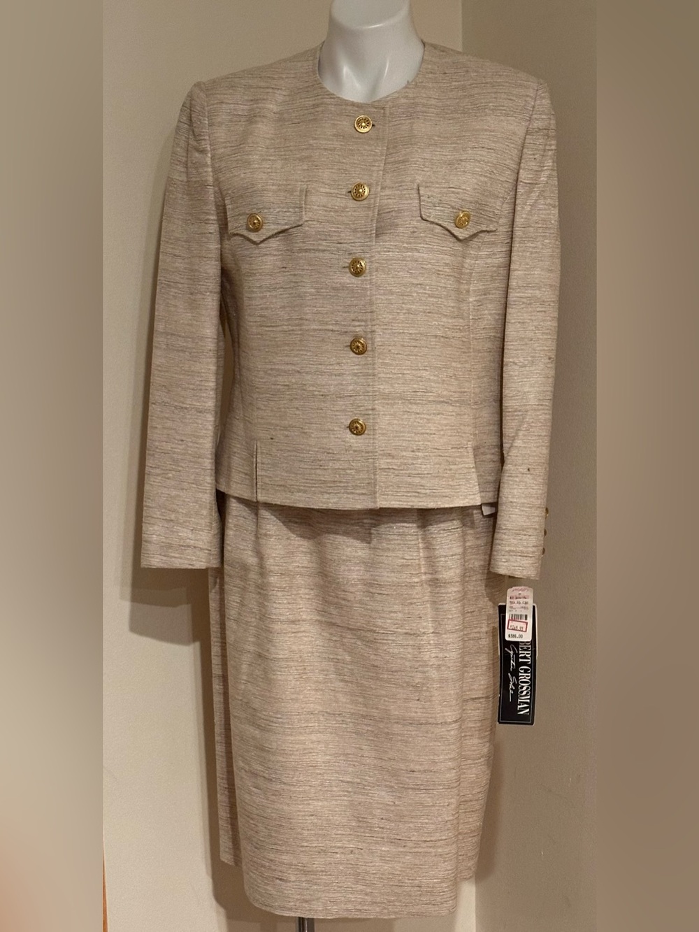 HERBERT GROSSMAN NWT Tailored Cream Gold Tweed Skirt Jacket Set 100 % Silk Sz 12
